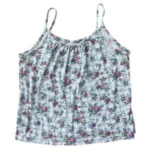 Y2K 90s Floral Plaid Tank Top Pastel Rose Blue Coquette Large White spaghetti